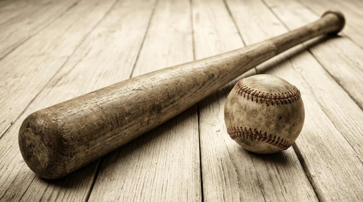 1920s Ruth-era ash baseball bat with thin handle and big barrel, next to a vintage leather baseball