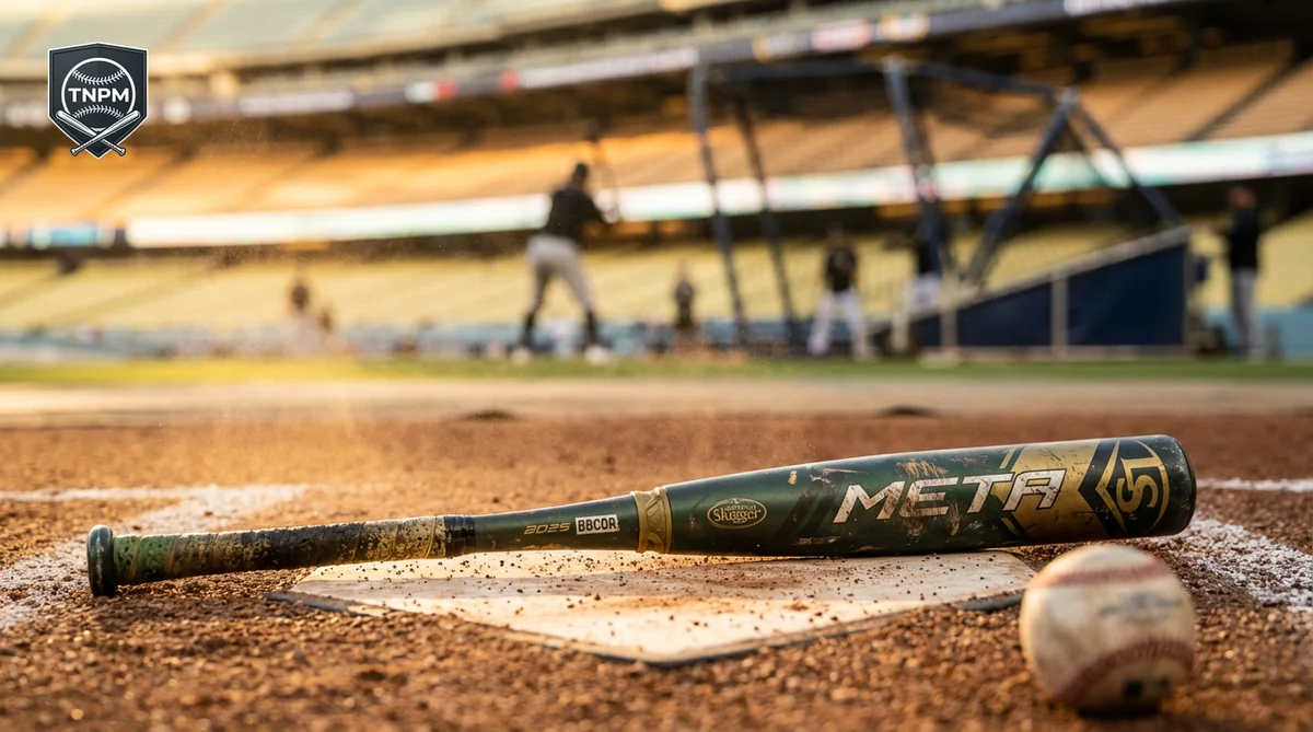 2025 Louisville Slugger Meta BBCOR review — dark green and gold bat