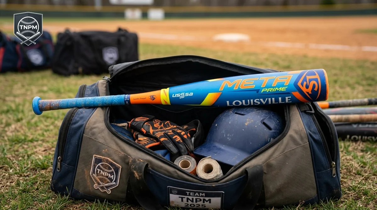 2025 Louisville Slugger Meta Prime USSSA bat resting on top of open travel ball bat bag on outdoor grass