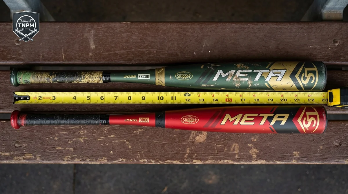 2025 and 2026 Louisville Slugger Meta BBCOR bats laid side by side with tape measure showing identical barrel dimensions