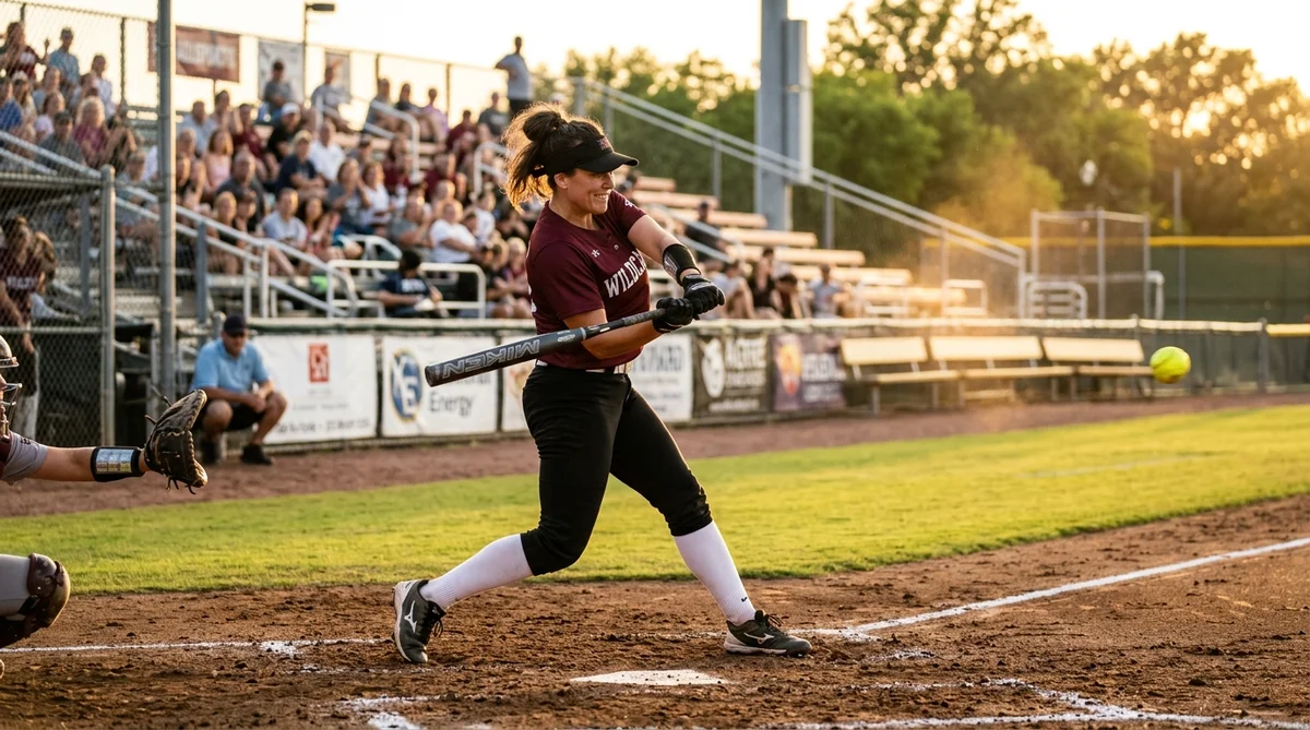 Balanced slowpitch softball bat swing rec league USA ASA player mid-swing 2026