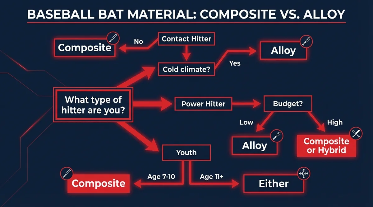 Composite vs alloy bat decision tree for baseball players by hitter type, climate, and budget
