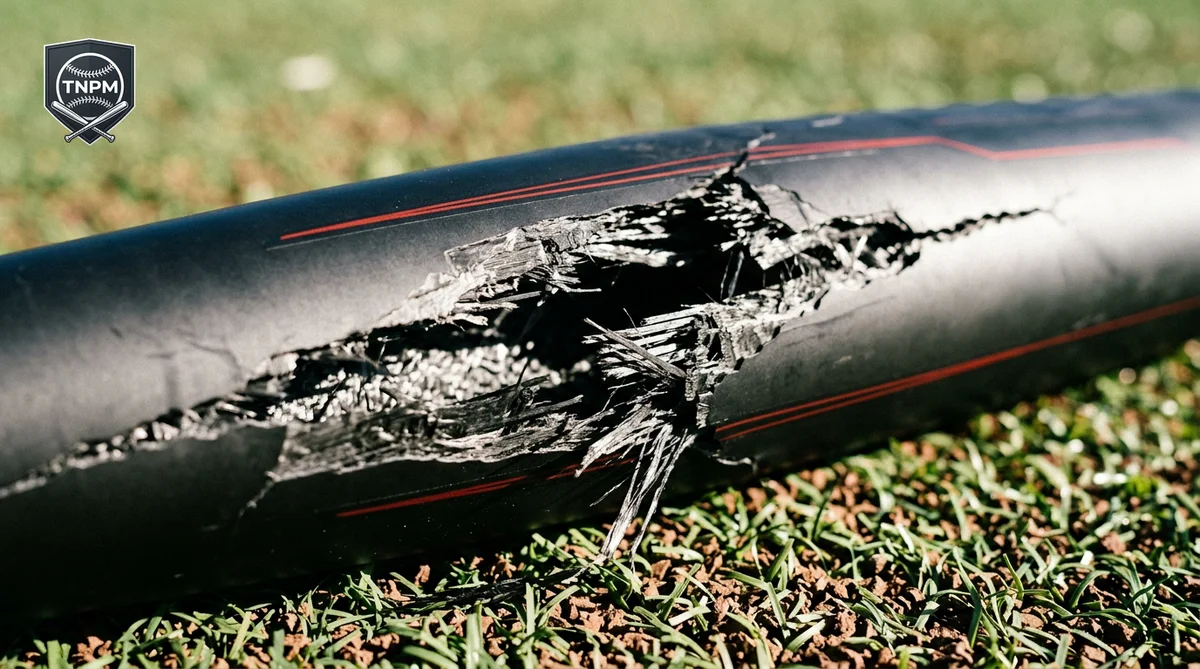 Closeup of a cracked and splintered baseball bat barrel with composite layers visible — representing durability failure