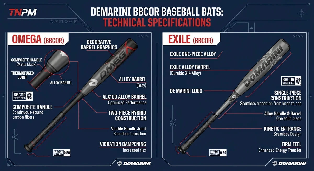 Side-by-side comparison of DeMarini Omega hybrid and Exile one-piece alloy BBCOR bats showing construction difference
