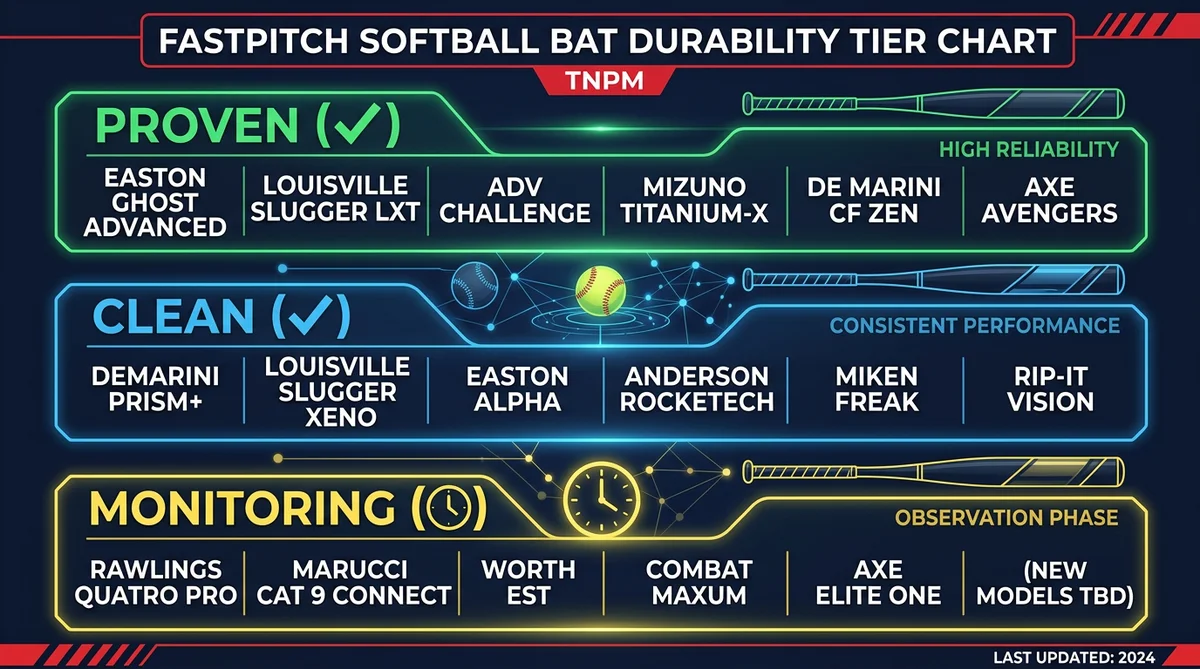 Fastpitch bat durability tier chart showing Proven Clean and Monitoring tiers with bat names