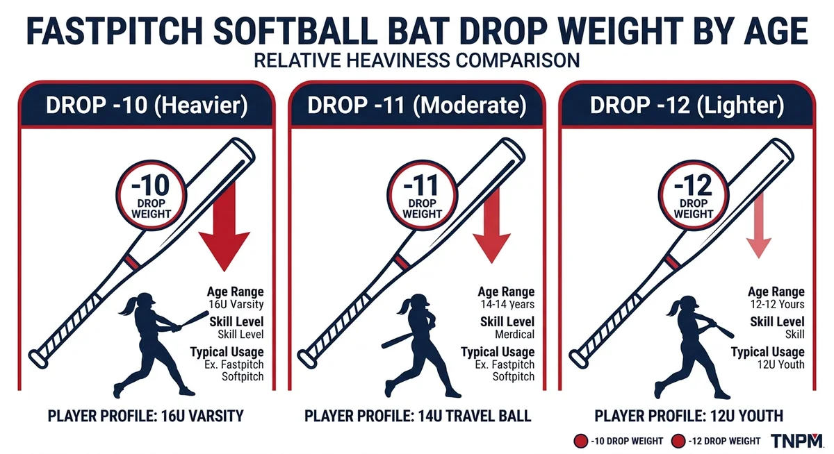 Fastpitch drop weight by age — -10 vs -11 vs -12 comparison
