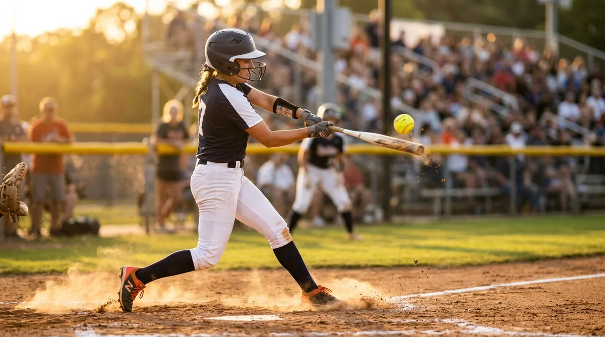 Fastpitch slapper mid-contact at the plate — the swing profile the 2026 DeMarini Prism+ was built for