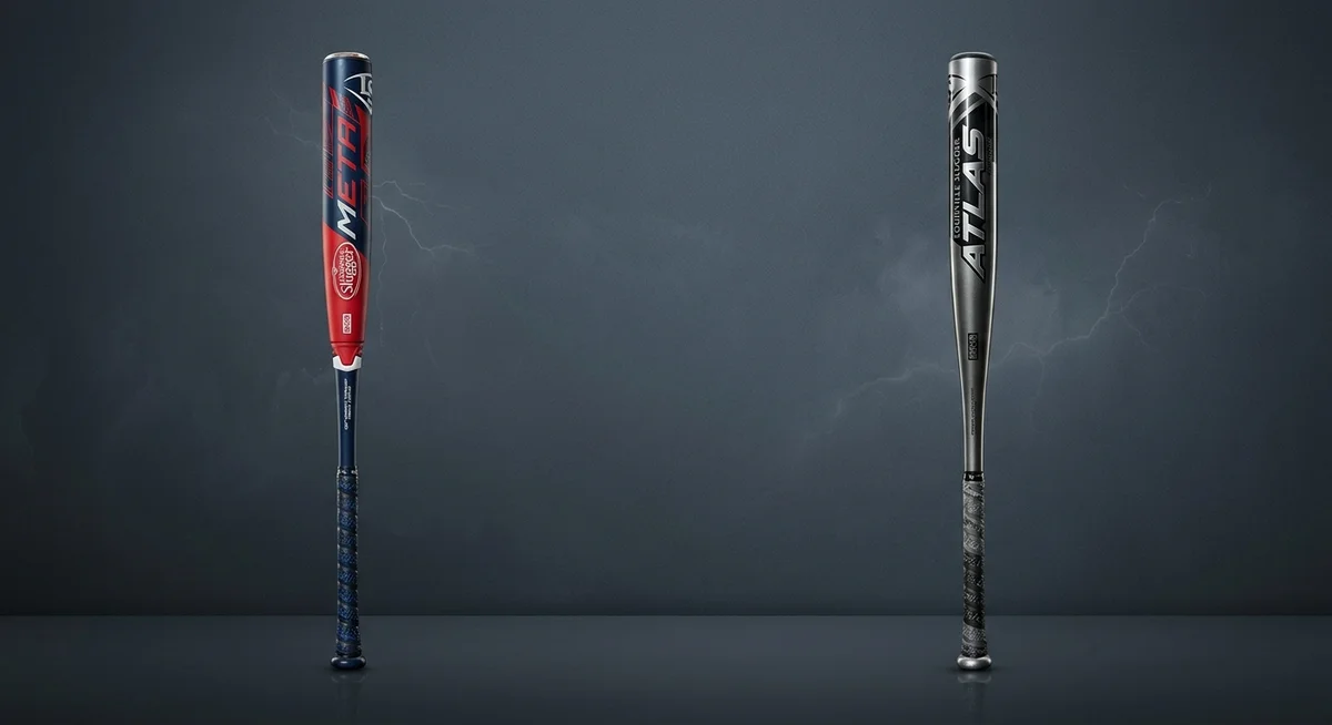 Side-by-side comparison of Louisville Slugger Meta three-piece composite and Atlas one-piece alloy BBCOR bats