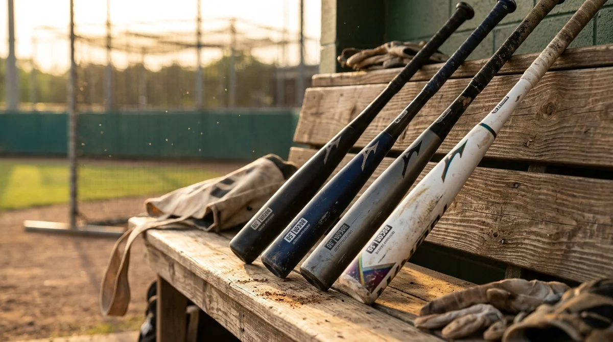 The Big 4 BBCOR brands — DeMarini, Louisville Slugger, Marucci, Rawlings — field-tested on a dugout bench