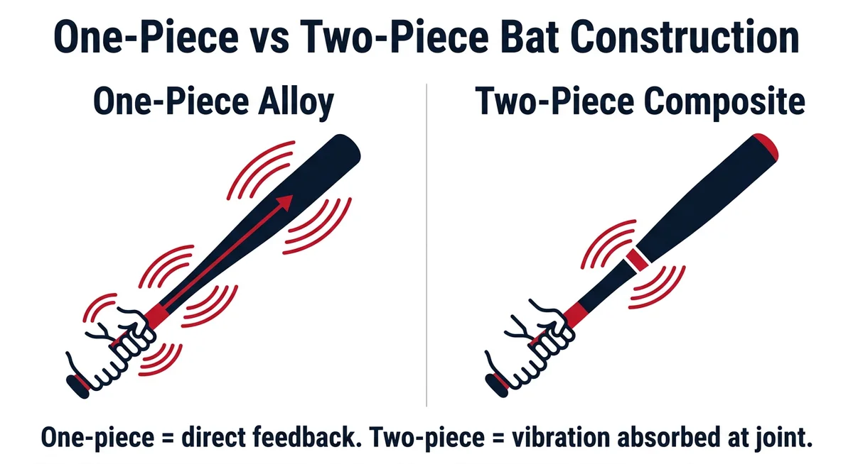 One-piece alloy vs two-piece composite bat construction — vibration travel diagram