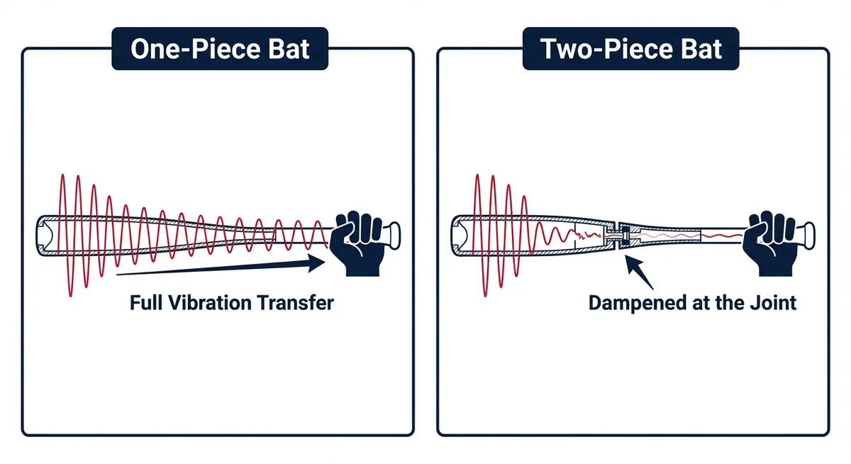 One-piece vs two-piece bat vibration comparison — contact hitter vs power hitter construction