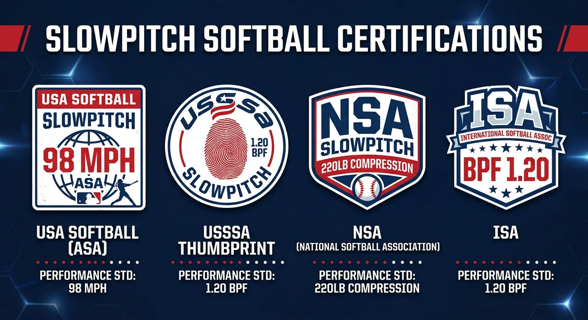 Slowpitch softball bat certifications — ASA vs USSSA vs NSA vs ISA comparison