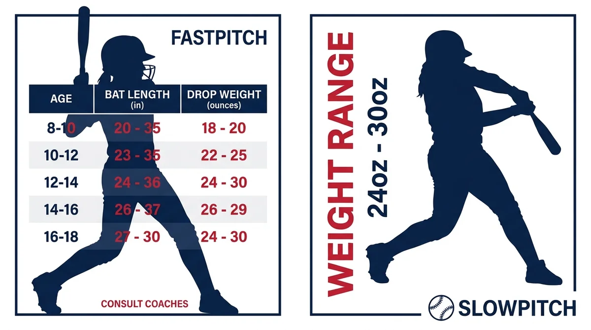 Softball bat sizing chart — fastpitch and slowpitch by age and height
